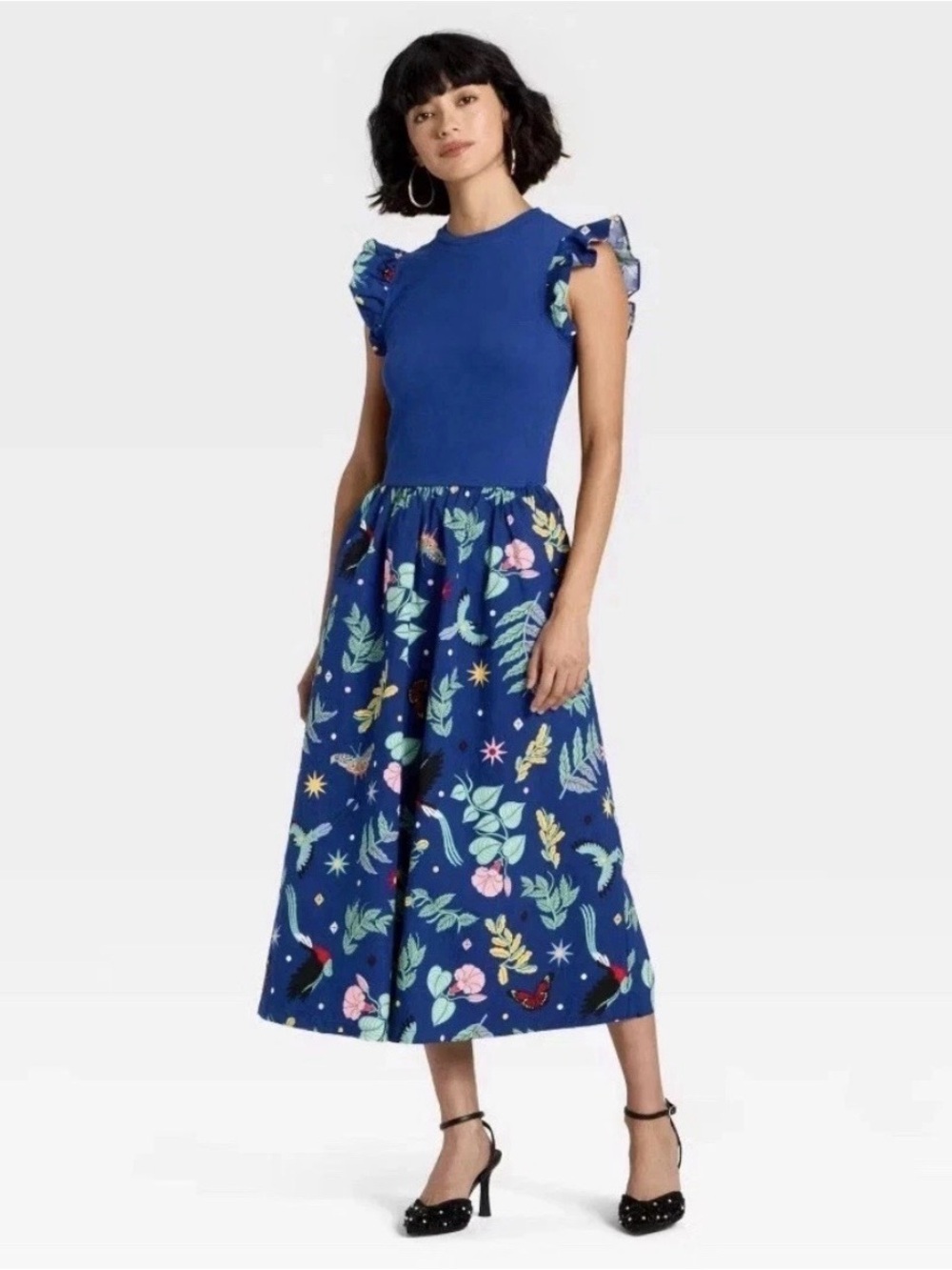 Girls' Blue Floral Ruffle-Sleeve Midi Dress